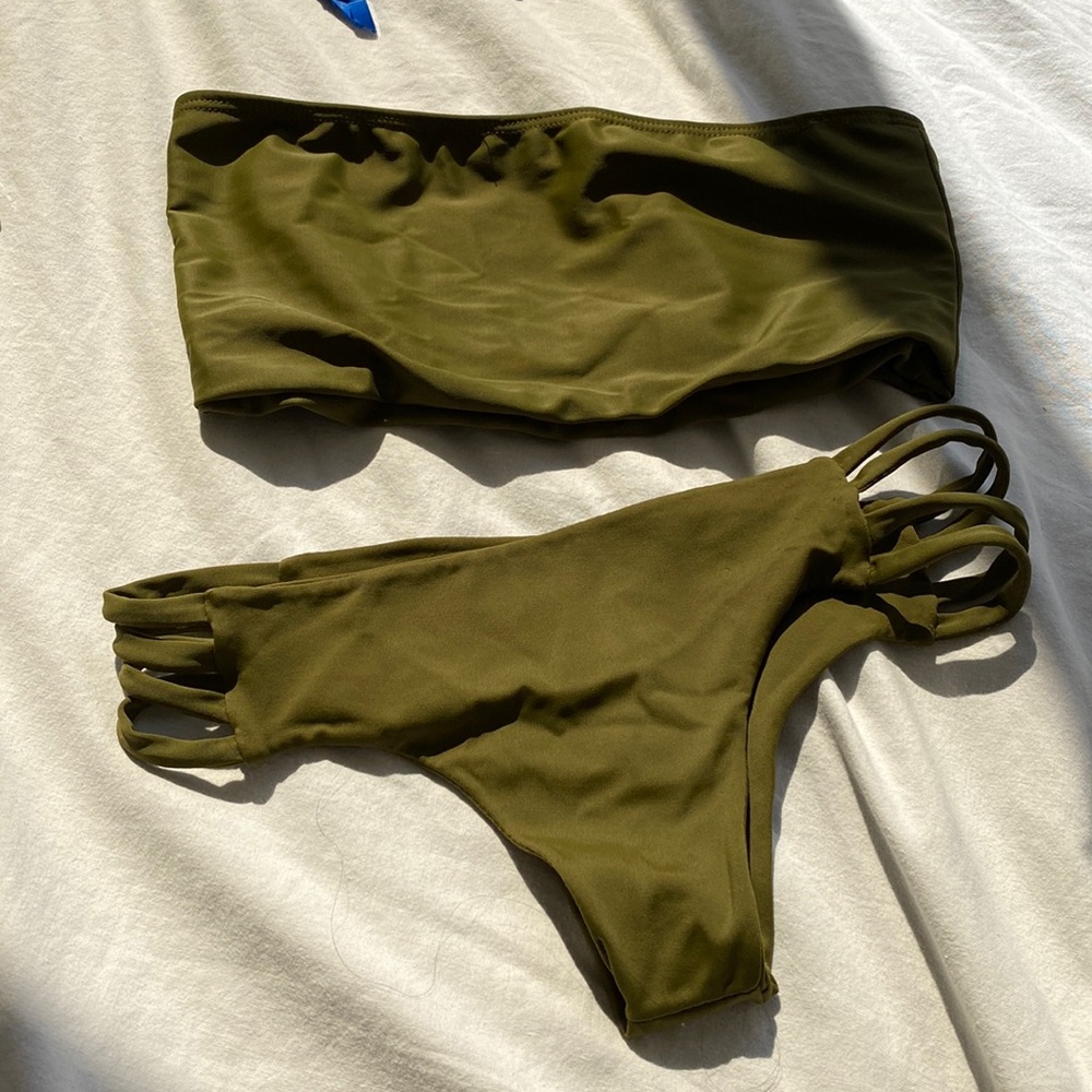Olive green bikini set strapless top cheeky bottom